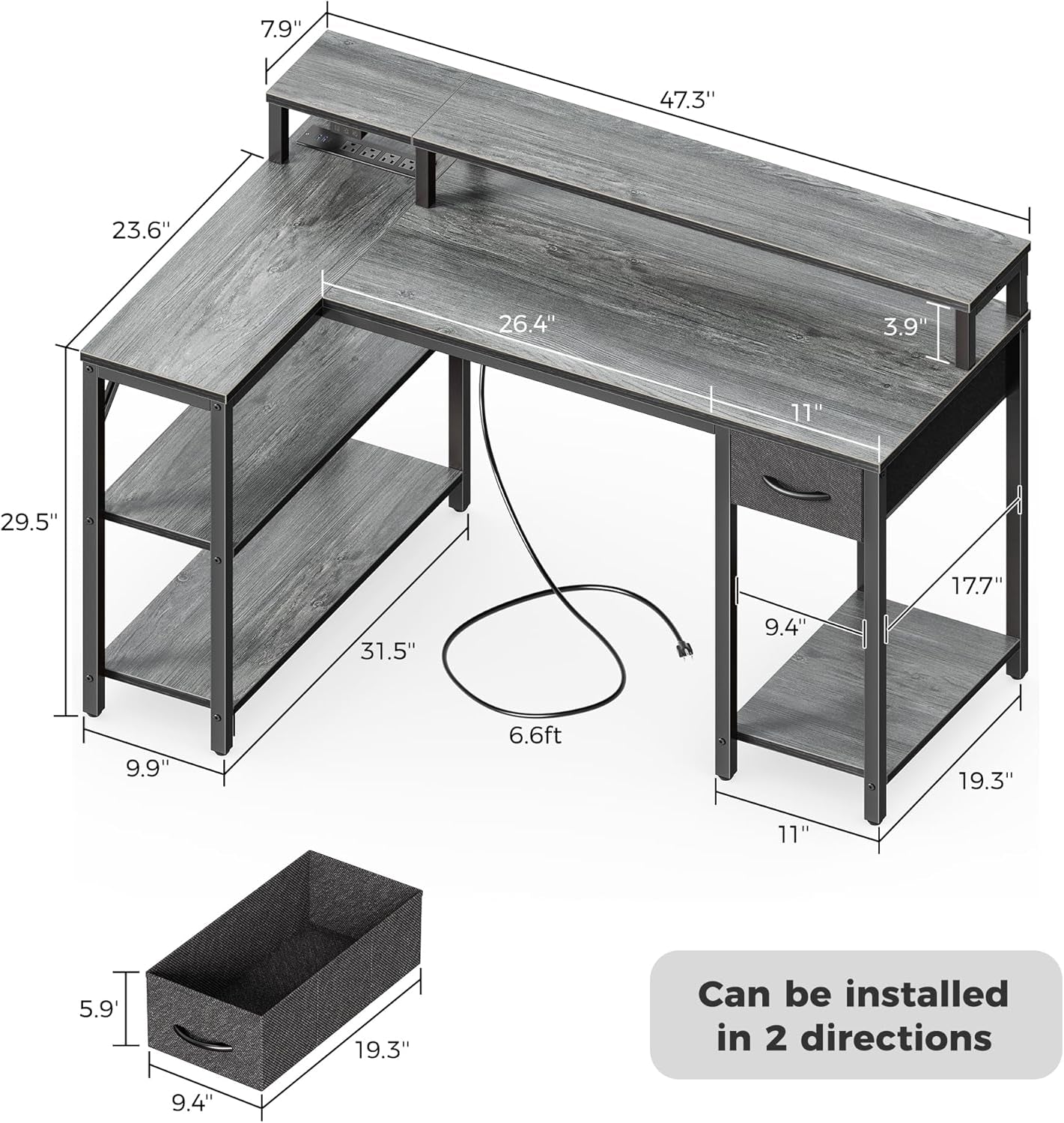 47 Inch Reversible L Shaped Desk with LED Lights & Power Outlets,
