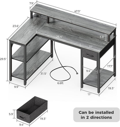 47 Inch Reversible L Shaped Desk with LED Lights & Power Outlets,