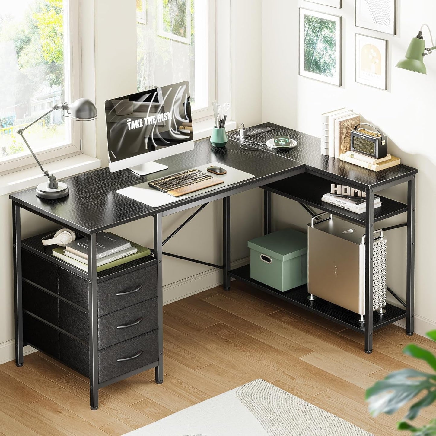 L Shaped Desk with Power Outlets, Computer Desk with 3 Drawers, 47
