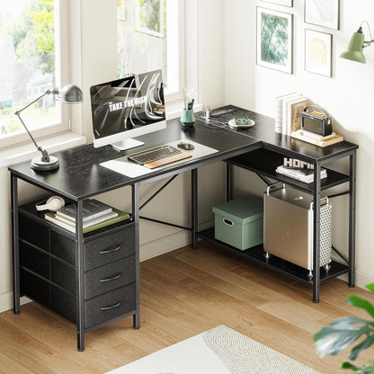 L Shaped Desk with Power Outlets, Computer Desk with 3 Drawers, 47