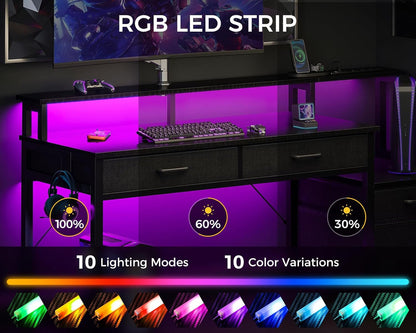 48-Inch Computer Desk with Power Outlets and LED Lights, Gaming Desk
