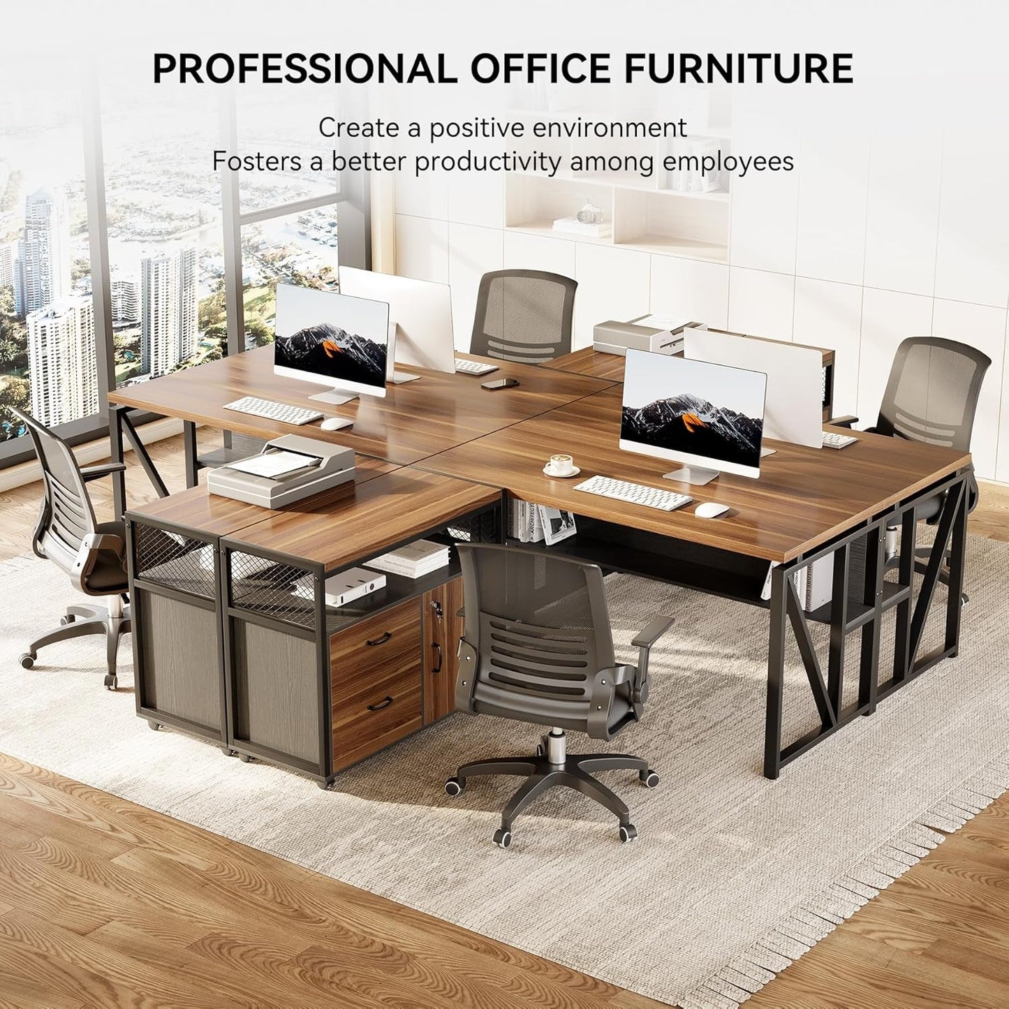 55" Executive Computer Desk and Lateral File Cabinet, L-Shaped Office