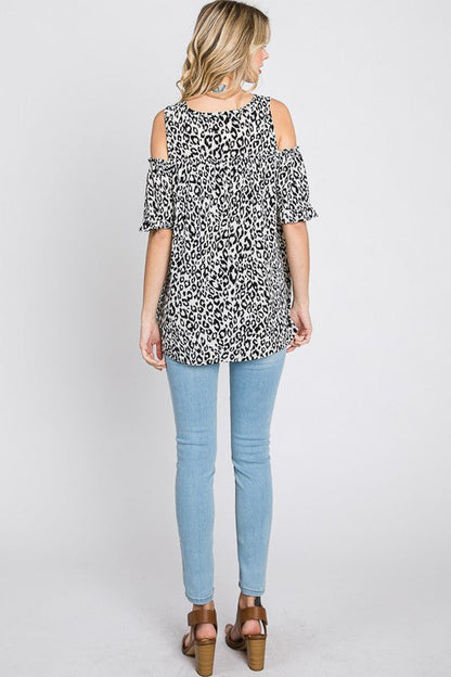 Heimish Full Size Leopard Round Neck Cold Shoulder T-Shirt Plus Size