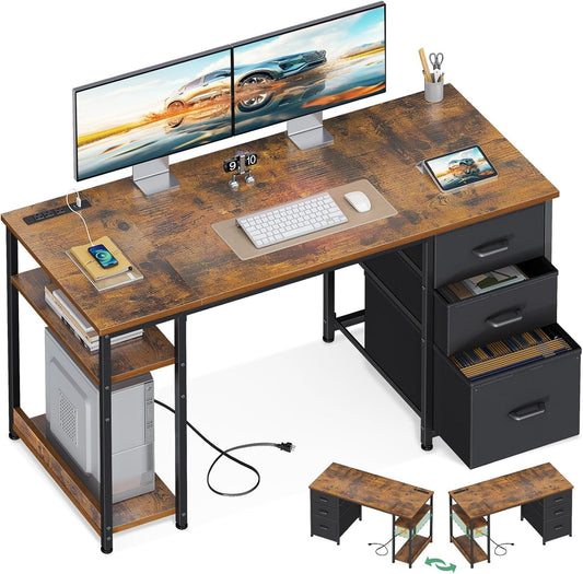 51 Inch Computer Desk with Fabric Drawers & USB Power Outlets,