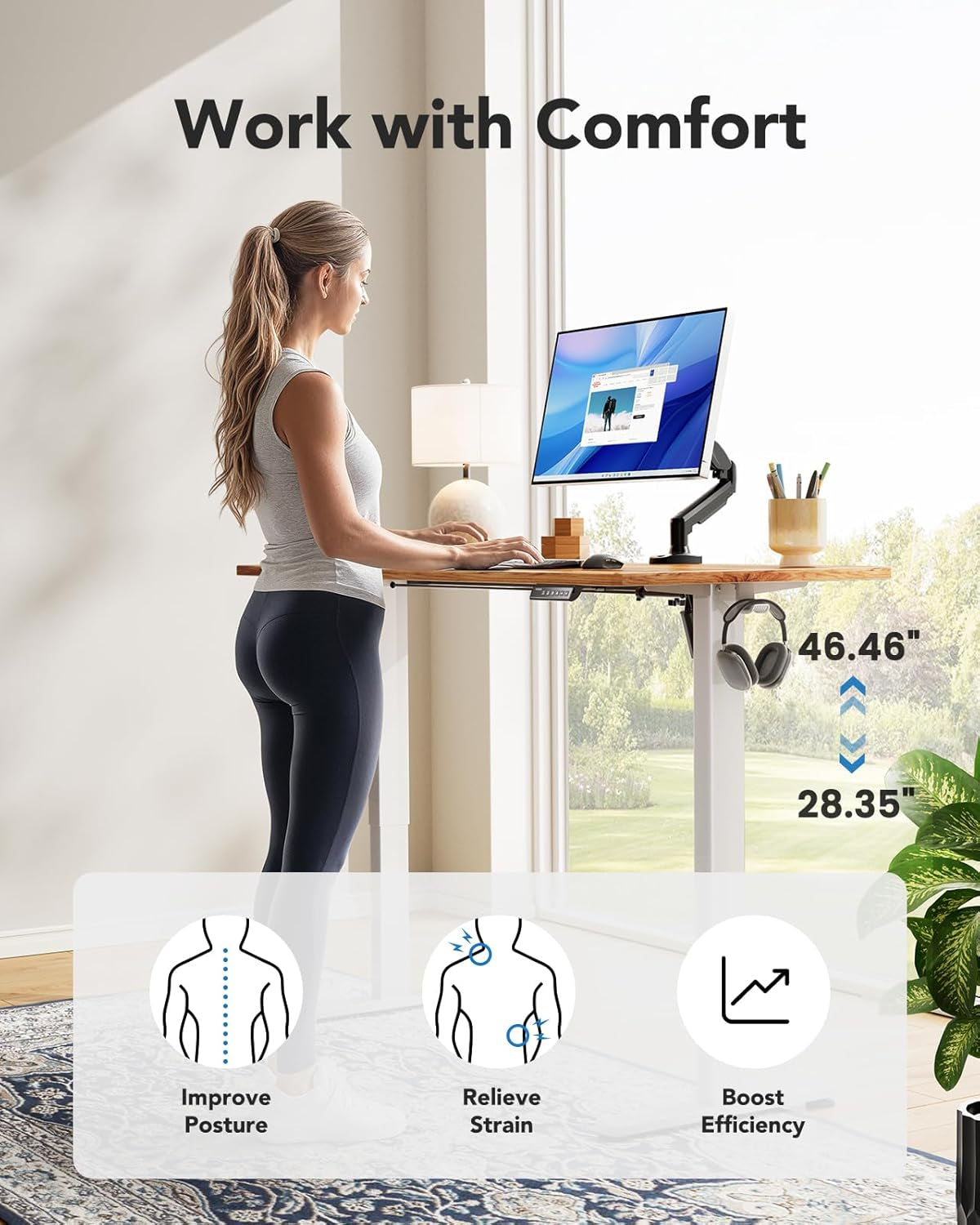Electric Standing Desk, 48" X 24" Whole Piece Desktop, Adjustable