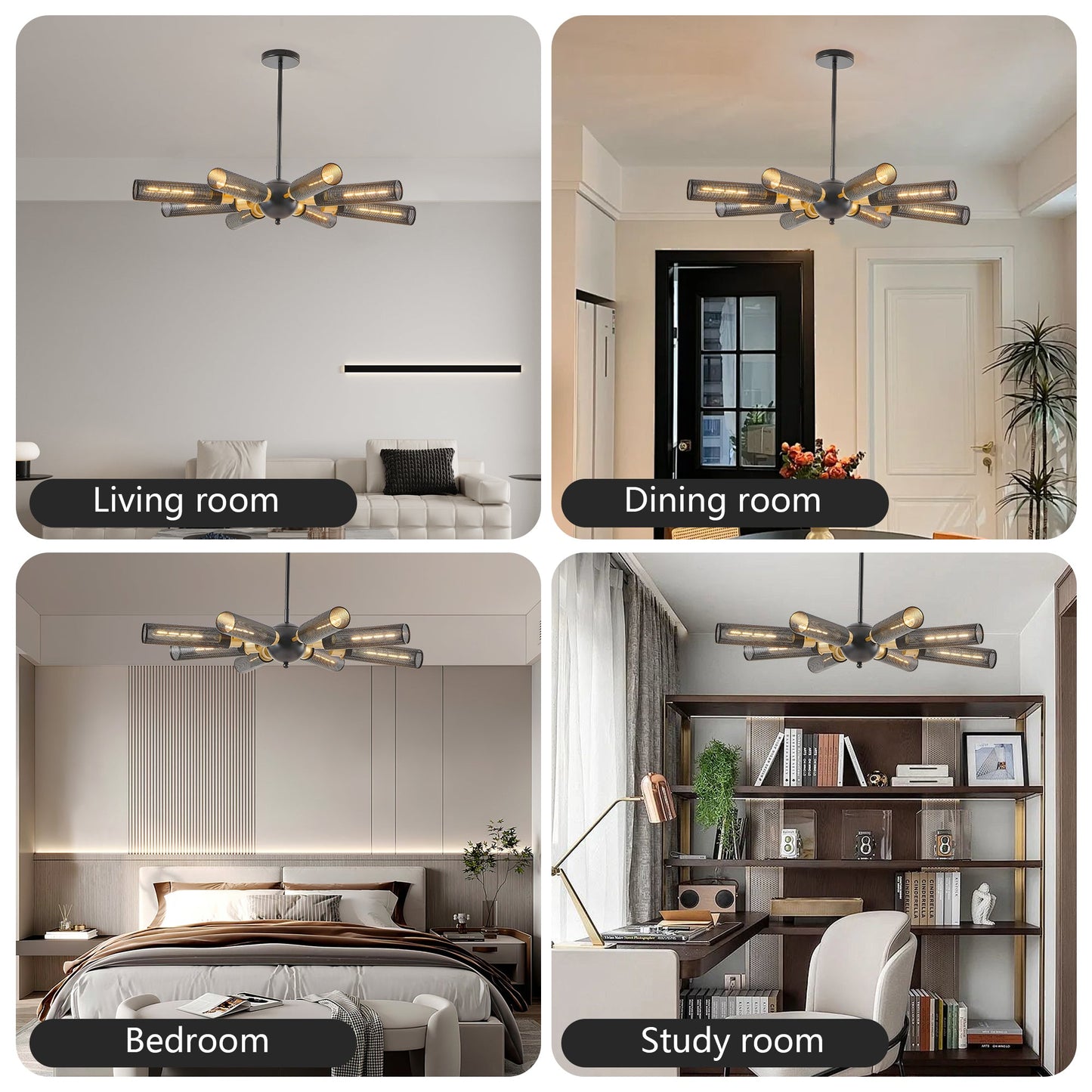 Modern Industrial Sputnik Chandelier, 8-Light Black and Gold Metal