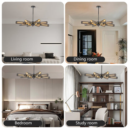 Modern Industrial Sputnik Chandelier, 8-Light Black and Gold Metal