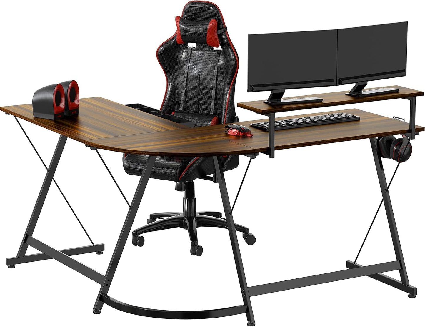 Vista L-Shape Desk with Monitor Stand, Walnut