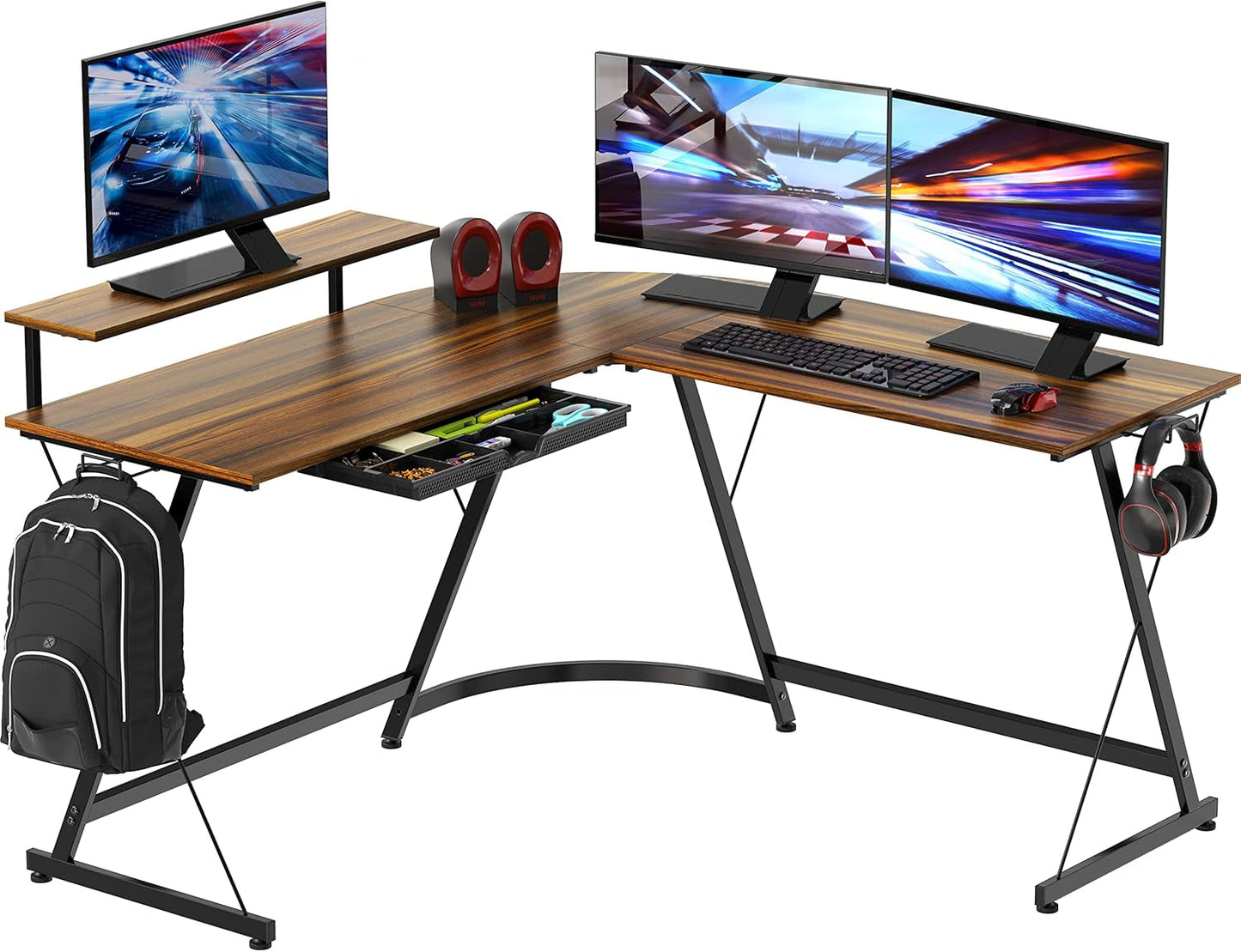 Vista L-Shape Desk with Monitor Stand, Walnut