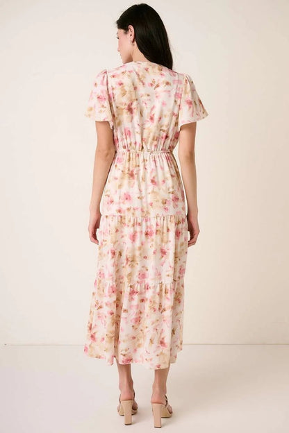 Mittoshop Flower Print Flutter Sleeve V Slit Maxi Dress