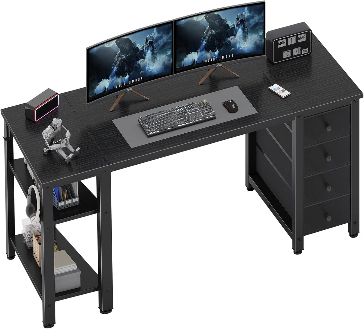 Gaming Desk with 4 Fabric Drawers & Storage Shelves, 55 Inch Computer