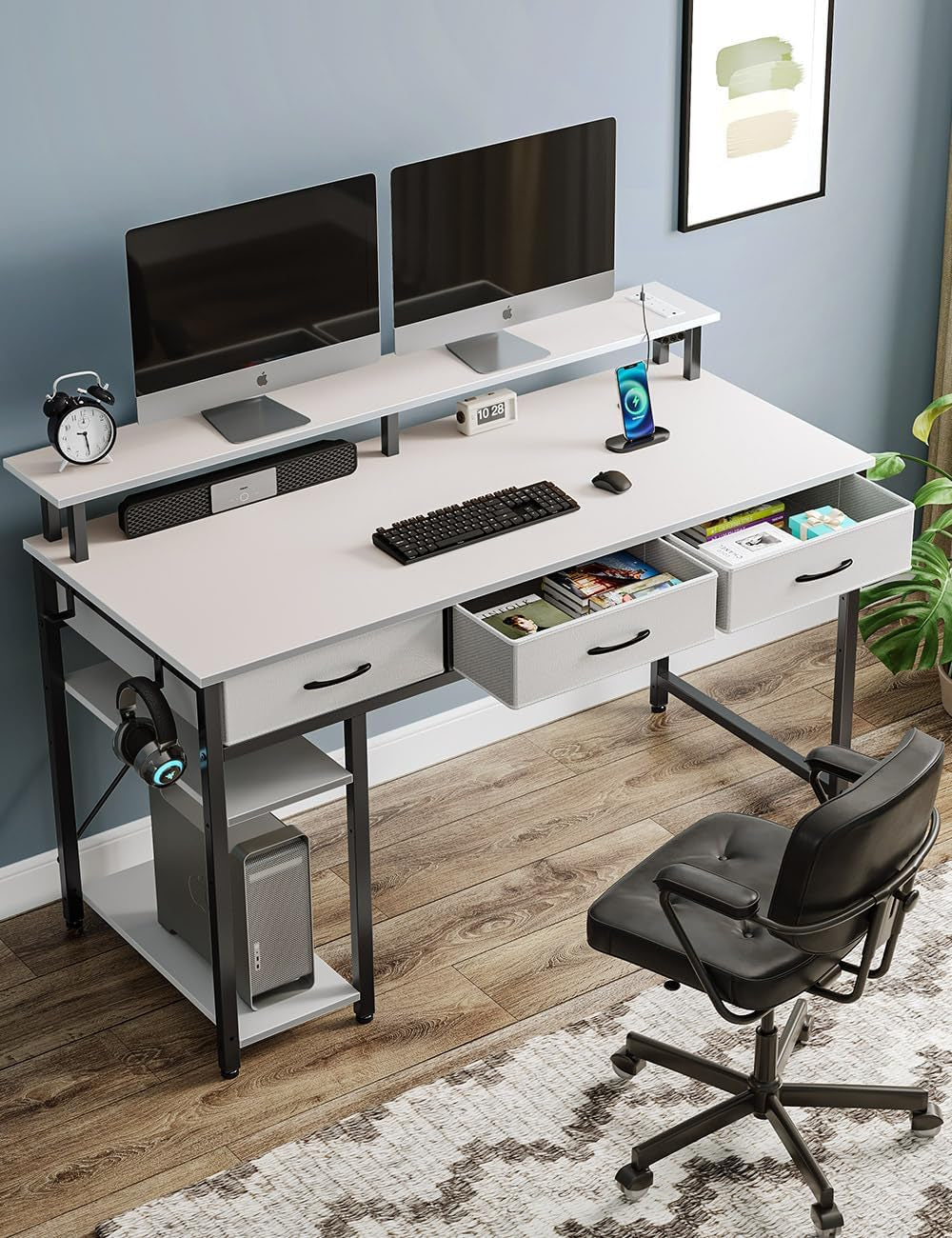 Computer Desk with Power Outlets & LED Light, 47 Inch Home Office Desk