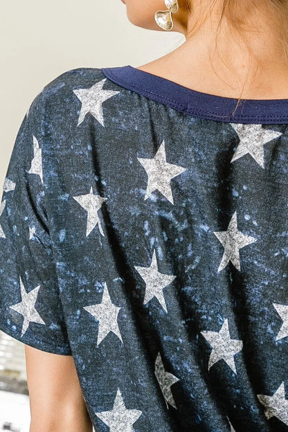 BiBi Vintage Star Print Top With Contrast Caged Neck
