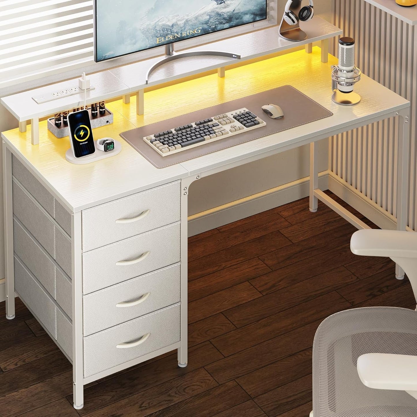 47 Inch Computer Desk with Power Outlets and LED Lights, Gaming Desk