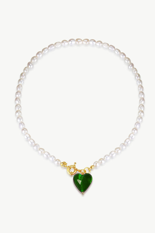 Esmée Green Glaze Heart Pendant Pearl Necklace