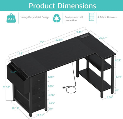 L Shaped Gaming Desk with Drawers & Storage Shelves, 55 Inch Corner