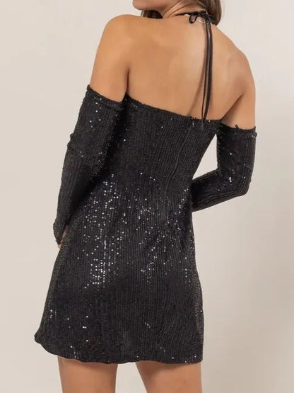 HYFVE Sequin Rosette Halter Mini Dress