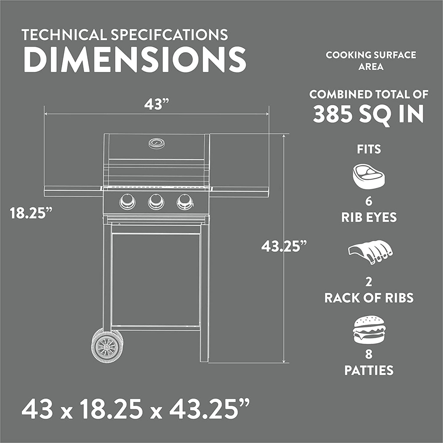 Stainless Gas Grill 3-Burner, Cabinet, Wheels, Outdoor BBQ