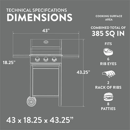 Stainless Gas Grill 3-Burner, Cabinet, Wheels, Outdoor BBQ