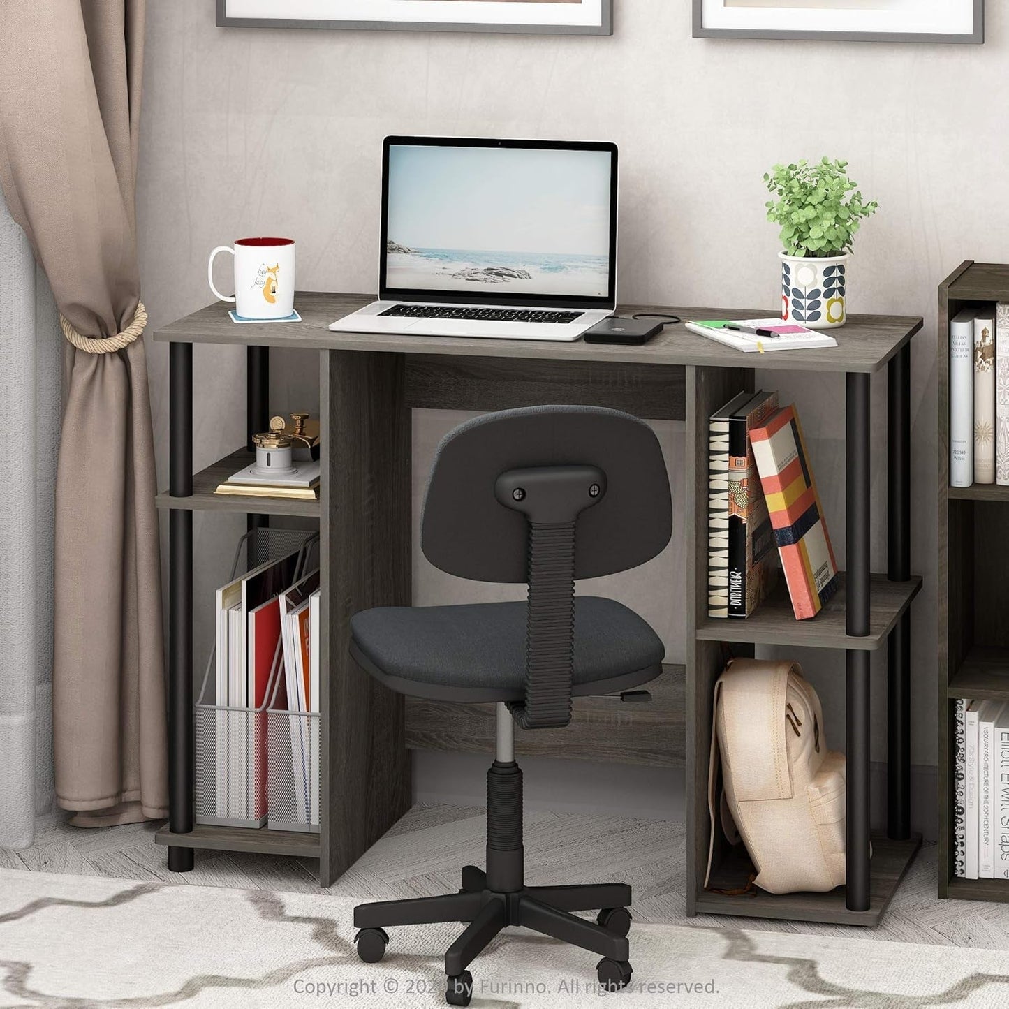 Jaya Computer Study Desk with Open Storage, French Oak Grey/Black