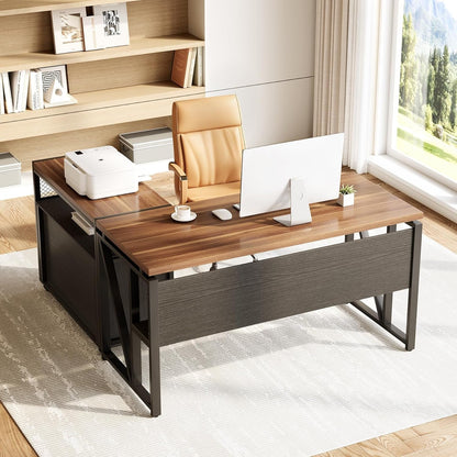 55" Executive Computer Desk and Lateral File Cabinet, L-Shaped Office