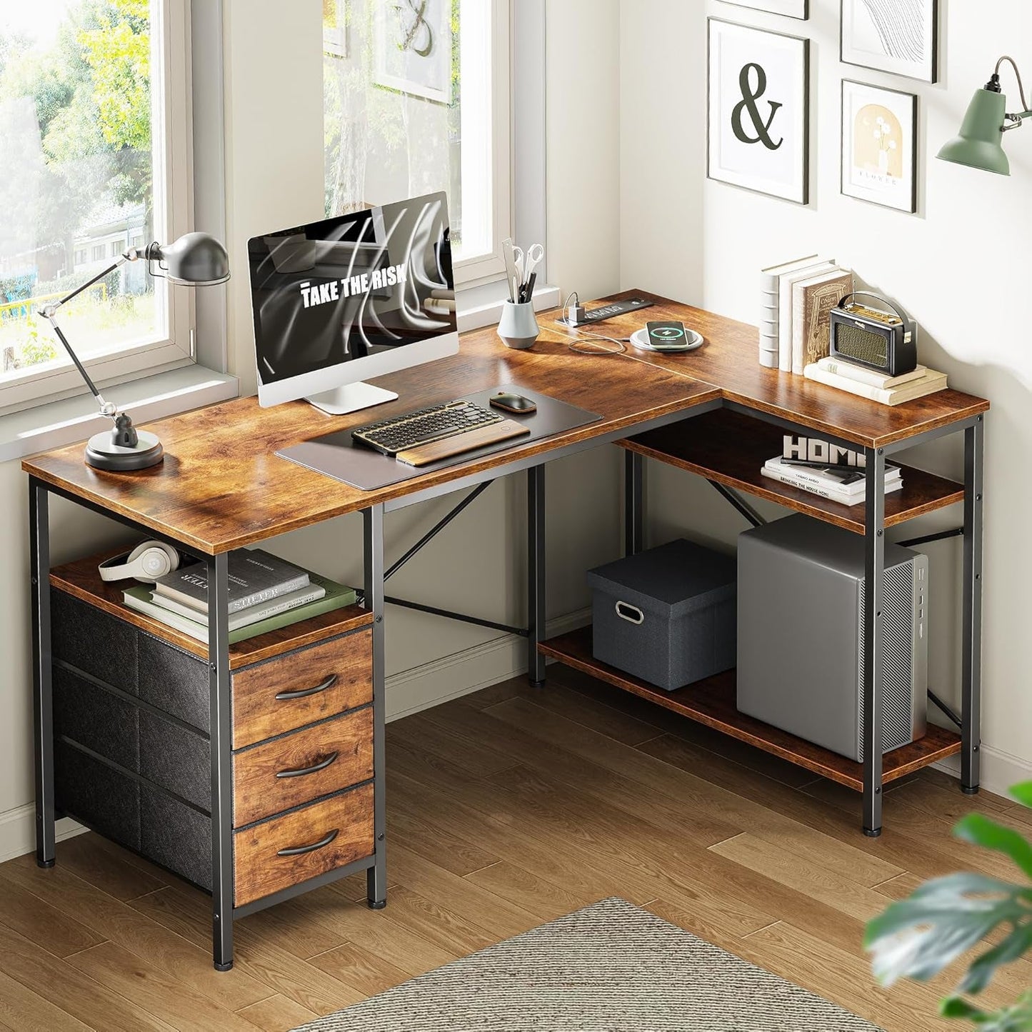 L Shaped Desk with Power Outlets, Computer Desk with 3 Drawers, 47
