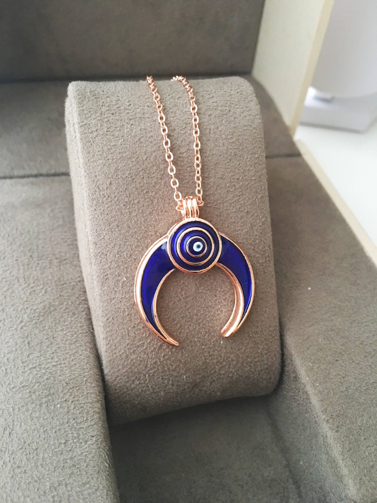 Double horn necklace, evil eye necklace, crescent moon necklace, evil