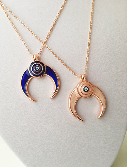 Double horn necklace, evil eye necklace, crescent moon necklace, evil