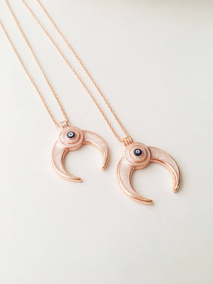 Double horn necklace, evil eye necklace, crescent moon necklace, evil