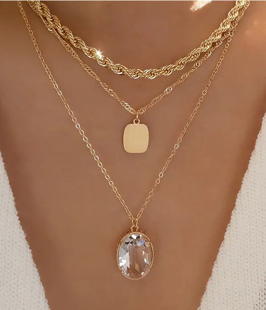 FACET STONE PENDANT 3 LAYER NECKLACE