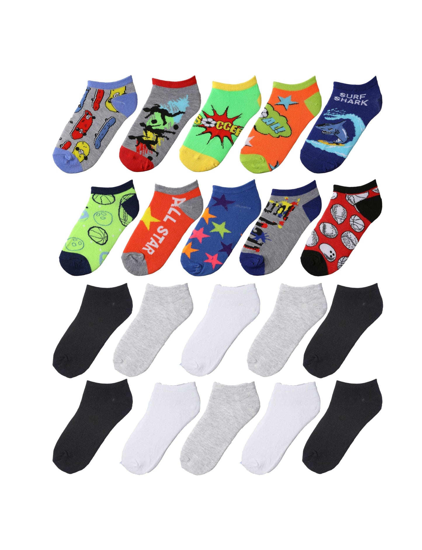 Kids Boys Solid Color No Show Socks - 20 Pairs