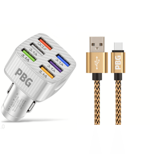 PBG LED 6 Port Car Charger and 10FT XL Zebra Charger Compatible for
