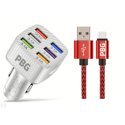 PBG LED 6 Port Car Charger and 10FT XL Zebra Charger Compatible for