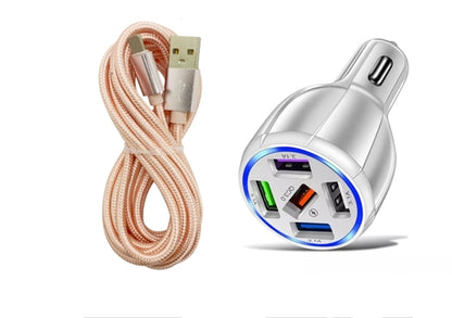 White 5-Port USB Fast Car Charger with LED, 10FT iPhone Cable - Quick