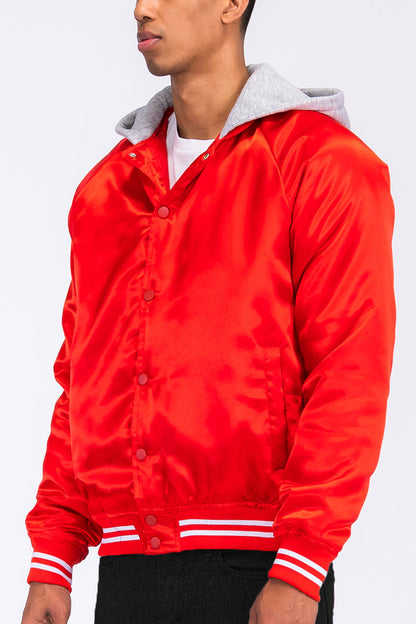 Satin Hooded Varsity Jacket Snap Button Closure BJ220