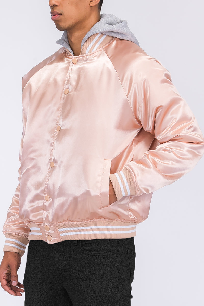 Satin Hooded Varsity Jacket Snap Button Closure BJ220