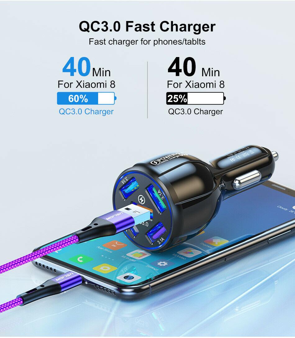 4 Port LED Car Charger + 3 in 1 Cable Combo Black