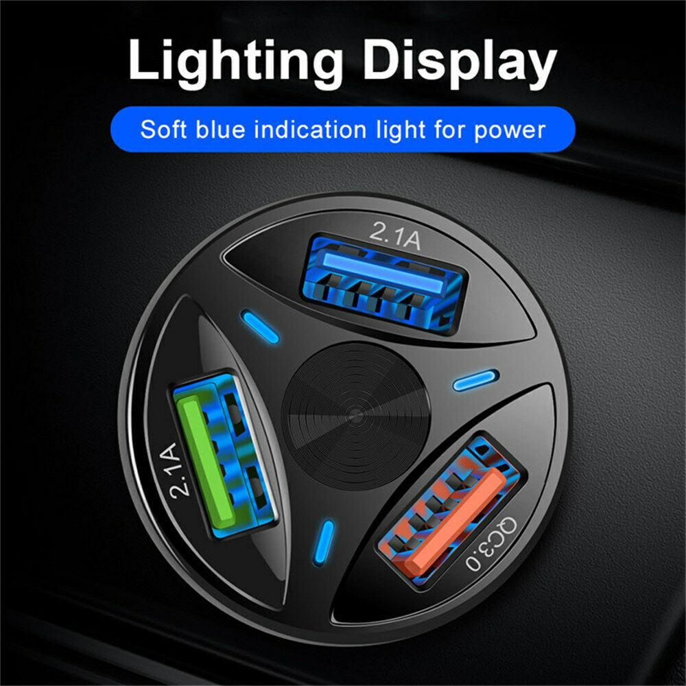 3 Port Fast LED White Car Charger + 3 in 1 Cable Combo Blue