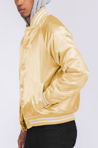 Satin Hooded Varsity Jacket Snap Button Closure BJ220